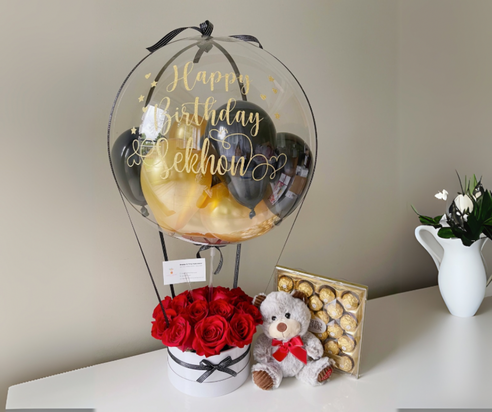 Red Roses w/ Small Teddy + Ferrero - Black, Gold